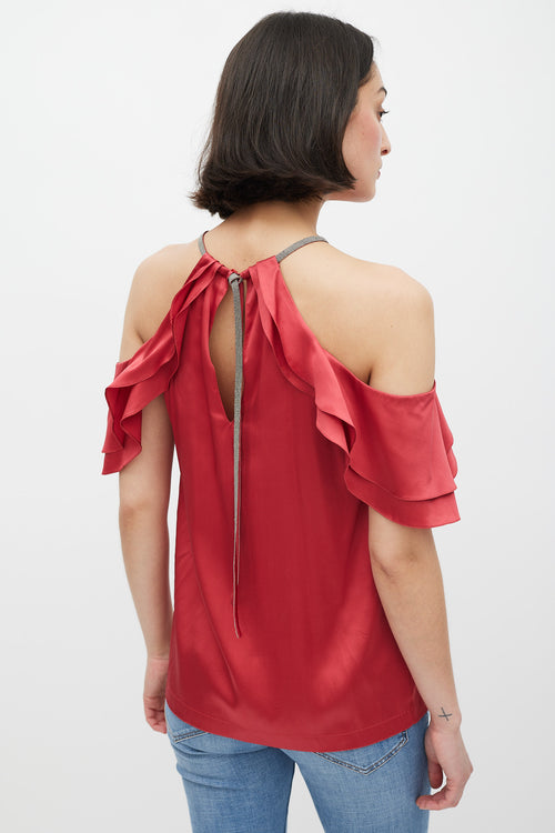 Brunello Cucinelli Red Silk Ruffled Monili Top