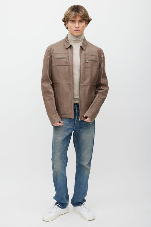 Brunello Cucinelli Taupe Leather Zip Jacket