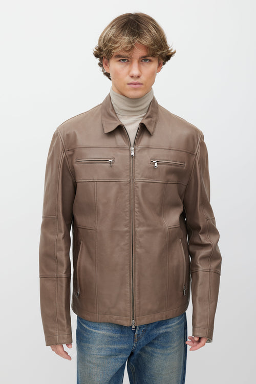 Brunello Cucinelli Taupe Leather Zip Jacket