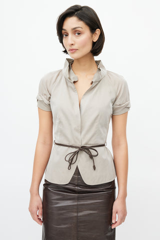 Brunello Cucinelli Taupe Silk Plunge Belted Blouse