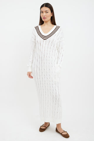 Brunello Cucinelli White 
Brown Striped Cable Knit Sweater Dress