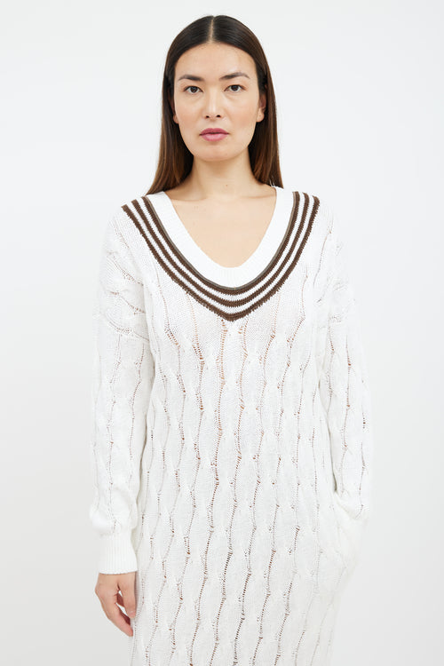 Brunello Cucinelli White 
Brown Striped Cable Knit Sweater Dress