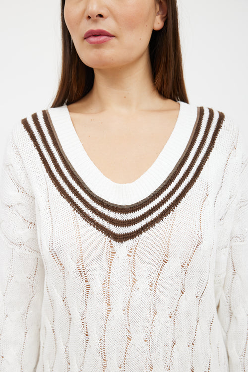 Brunello Cucinelli White 
Brown Striped Cable Knit Sweater Dress