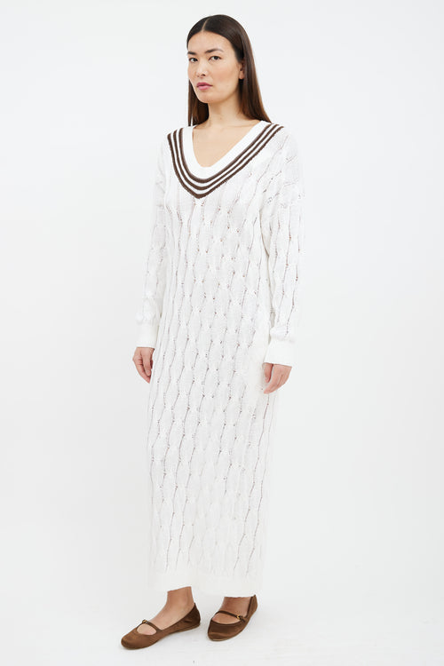 Brunello Cucinelli White 
Brown Striped Cable Knit Sweater Dress