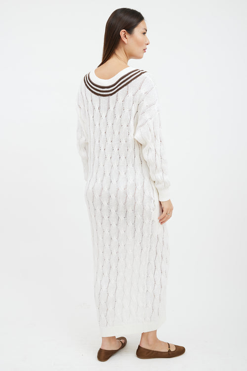 Brunello Cucinelli White 
Brown Striped Cable Knit Sweater Dress