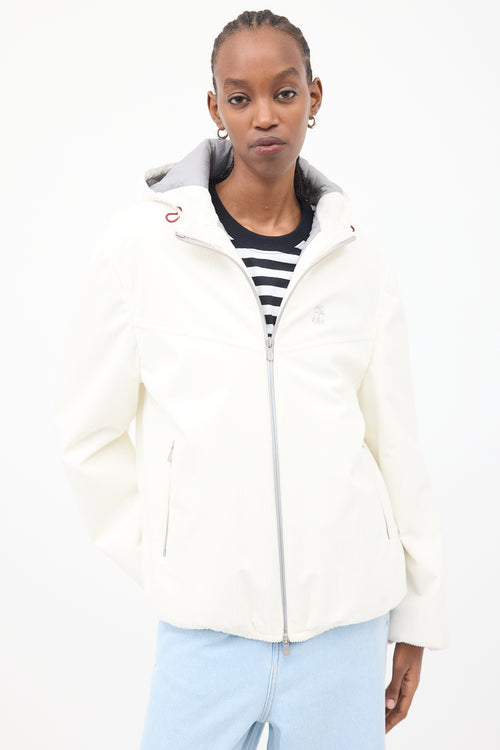 Brunello Cucinelli White Corduroy Logo Puffer Jacket