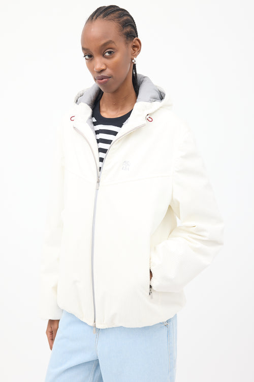 Brunello Cucinelli White Corduroy Logo Puffer Jacket