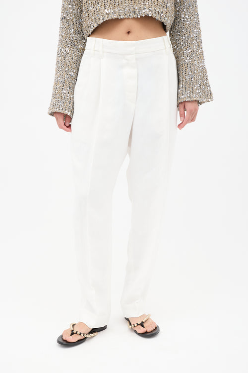 Brunello Cucinelli White Linen Blend Wide Leg Trouser