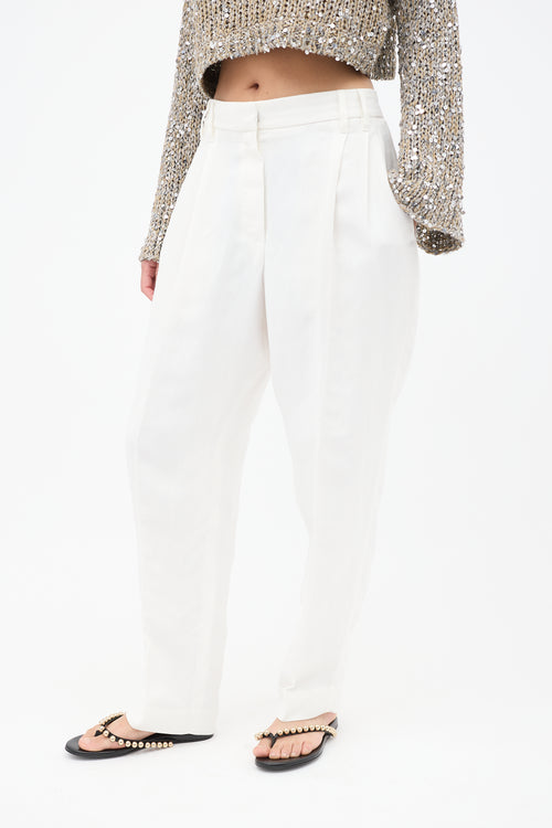 Brunello Cucinelli White Linen Blend Wide Leg Trouser