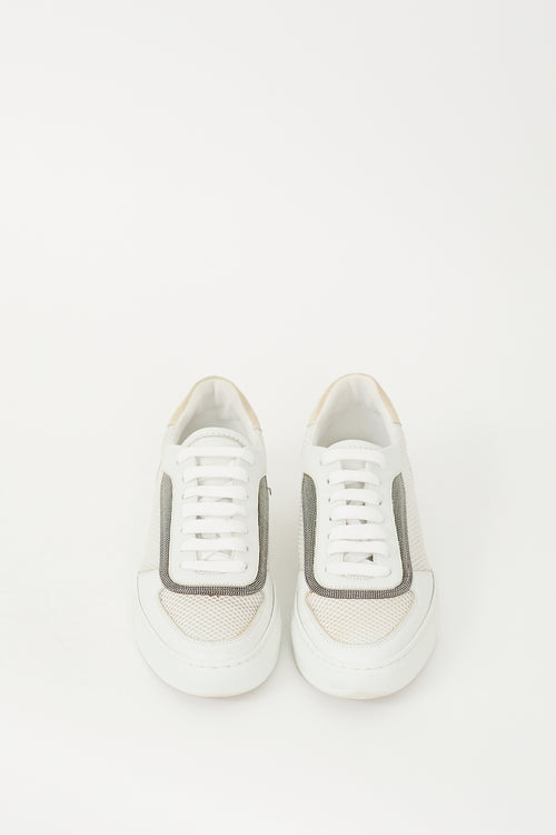 Brunello Cucinelli White Mesh Monili Lace Up Sneaker