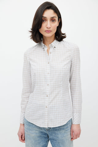 Brunello Cucinelli White 
Multicolour Plaid Crystal Shirt