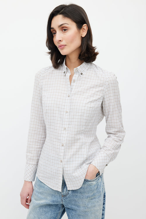 Brunello Cucinelli White 
Multicolour Plaid Crystal Shirt