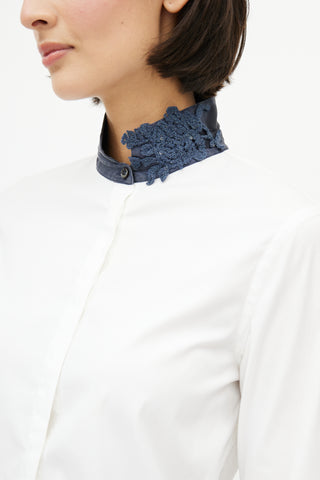 Brunello Cucinelli White 
Navy Crochet Collar Shirt