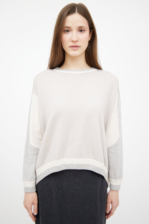 Brunello Cucinelli Grey 
White Cashmere Knit Panelled Sweater