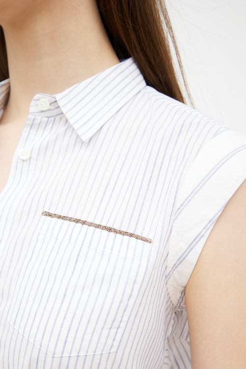 Brunello Cucinelli White 
Blue Striped Belted Shirt Dress