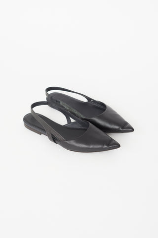 Brunello Cucinelli Black Leather Monili Bead Slingback Flat