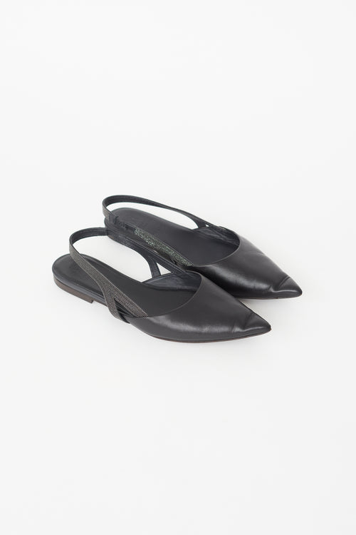 Brunello Cucinelli Black Leather Monili Bead Slingback Flat