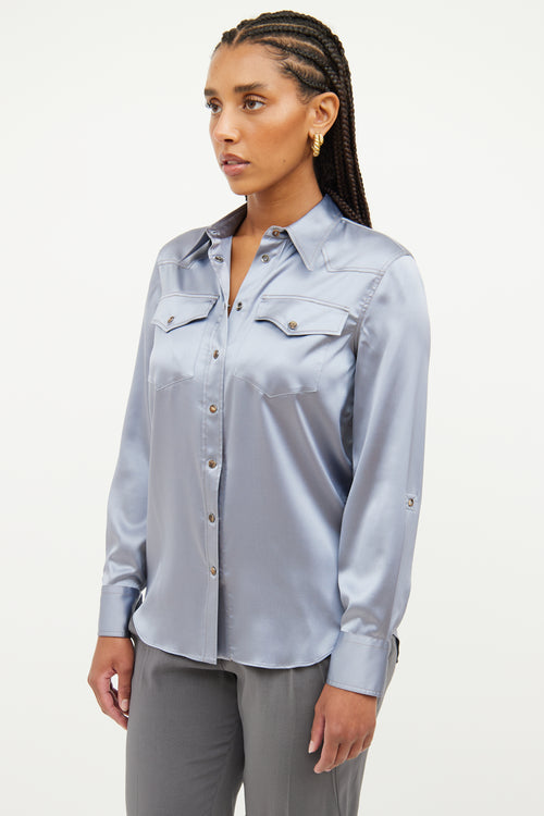 Brunello Cucinelli Blue Silk Button Up Top