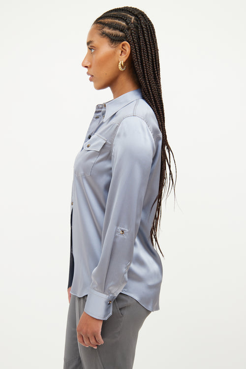 Brunello Cucinelli Blue Silk Button Up Top