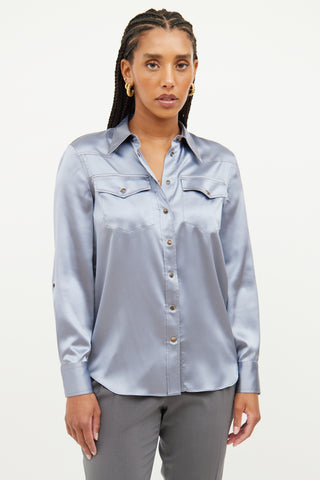 Brunello Cucinelli Blue Silk Button Up Top