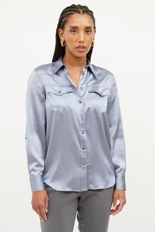 Brunello Cucinelli Blue Silk Button Up Top