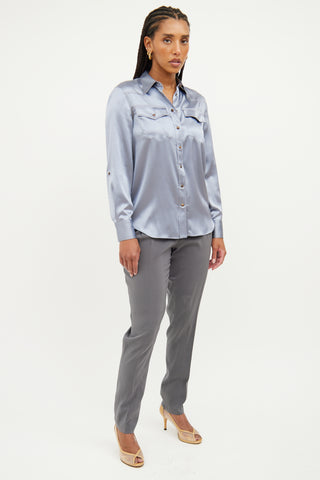 Brunello Cucinelli Blue Silk Button Up Top