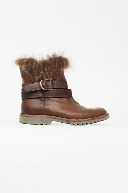 Brunello Cucinelli Brown Leather Fur Trim Ankle Boot