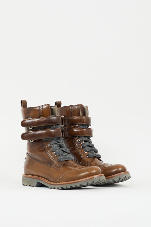 Brunello Cucinelli Brown Leather Brogue Lace Up Boot