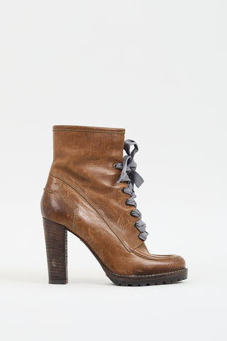 Brunello Cucinelli Brown Leather Lace Up Heeled Boot