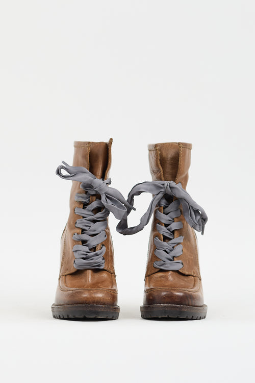 Brunello Cucinelli Brown Leather Lace Up Heeled Boot