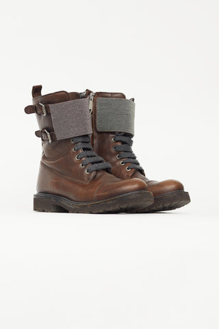 Brunello Cucinelli Brown Leather 
Monili Bead Combat Boot