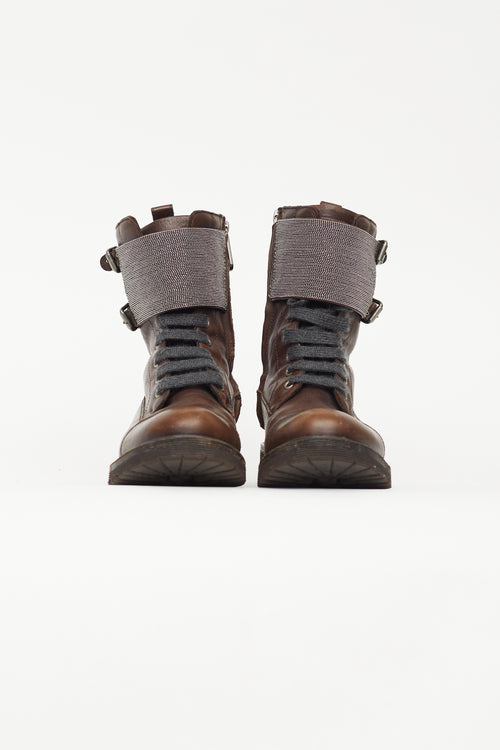 Brunello Cucinelli Brown Leather 
Monili Bead Combat Boot