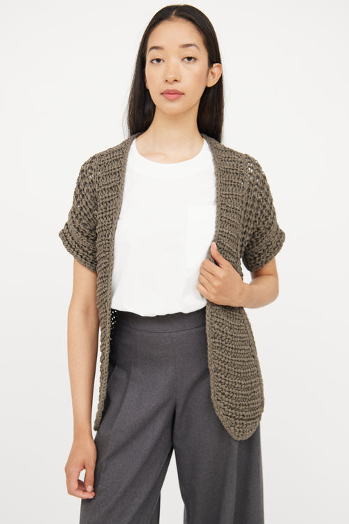 Brunello Cucinelli Grey Knit Short Sleeve Wrap Cardigan