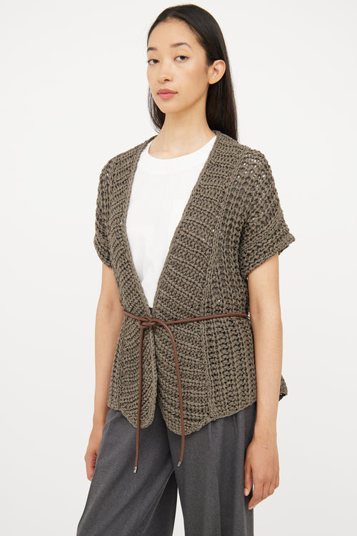 Brunello Cucinelli Grey Knit Short Sleeve Wrap Cardigan