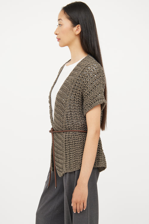 Brunello Cucinelli Grey Knit Short Sleeve Wrap Cardigan