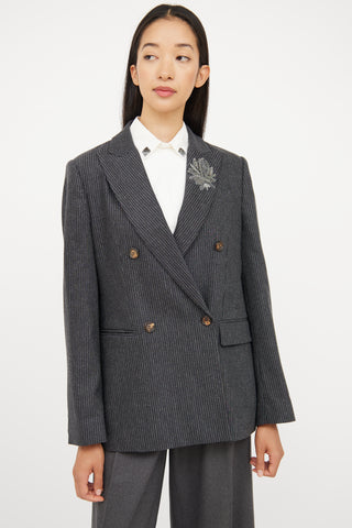 Brunello Cucinelli Grey Stripe Wool Blazer