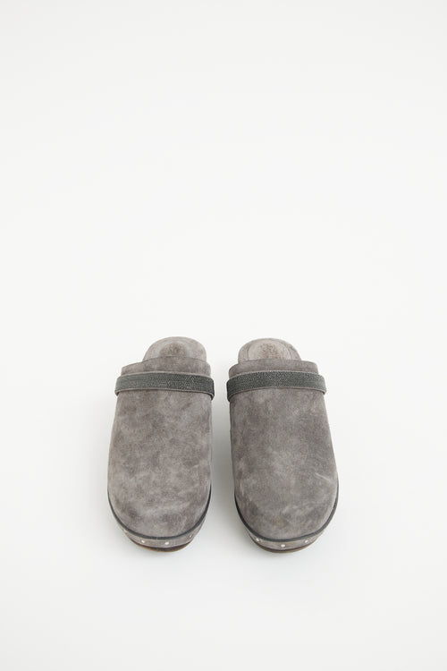 Brunello Cucinelli Grey Suede Monili  Clog