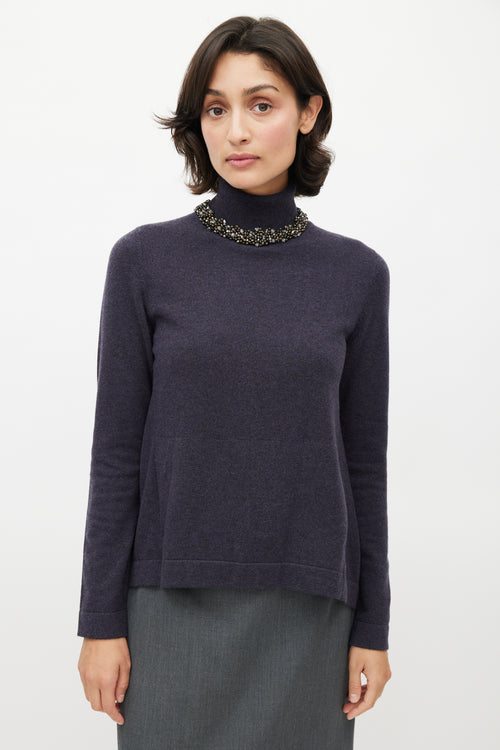 Brunello Cucinelli Navy Cashmere Jewel Embellished Turtleneck