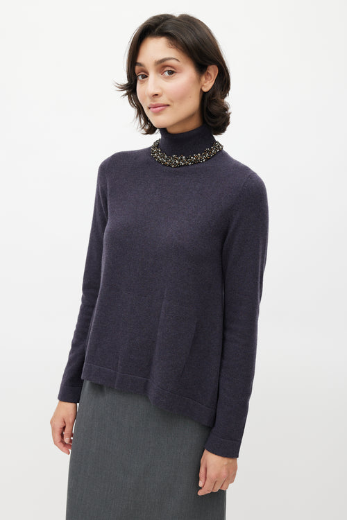 Brunello Cucinelli Navy Cashmere Jewel Embellished Turtleneck