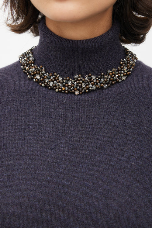 Brunello Cucinelli Navy Cashmere Jewel Embellished Turtleneck