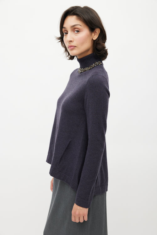 Brunello Cucinelli Navy Cashmere Jewel Embellished Turtleneck