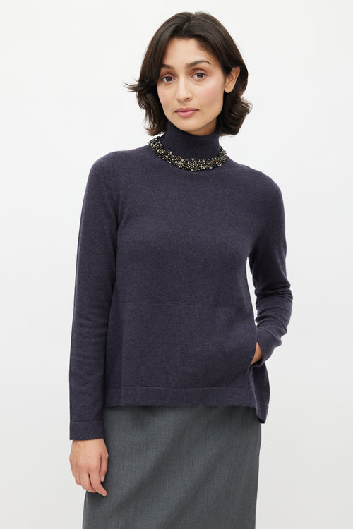 Brunello Cucinelli Navy Cashmere Jewel Embellished Turtleneck