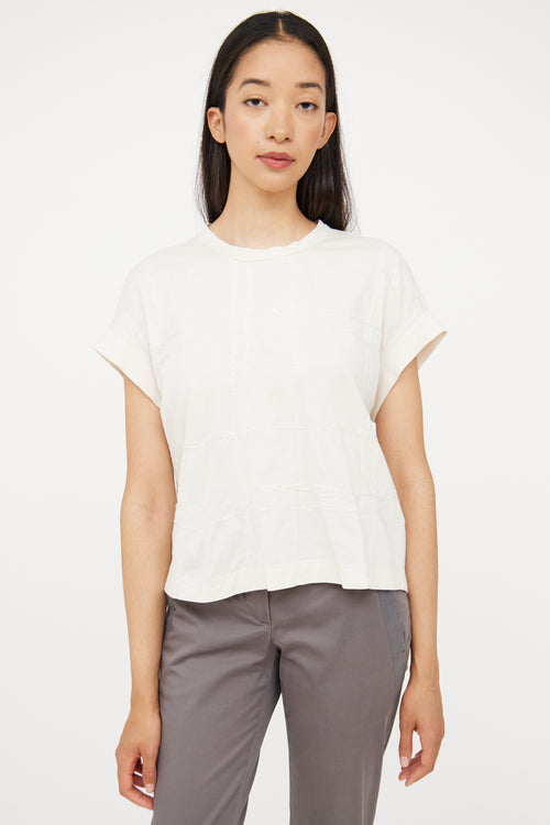 Brunello Cucinelli Cream Embroidered Short Sleeve Top