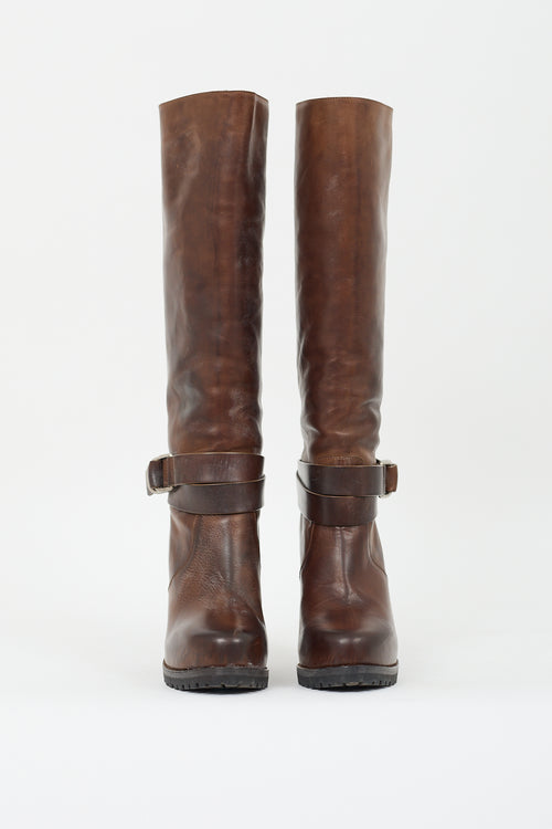 Brunello Cucinelli Brown Leather 
Shearling Lined Buckled Boot