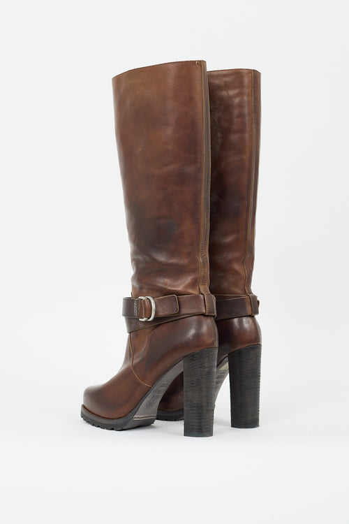 Brunello Cucinelli Brown Leather 
Shearling Lined Buckled Boot