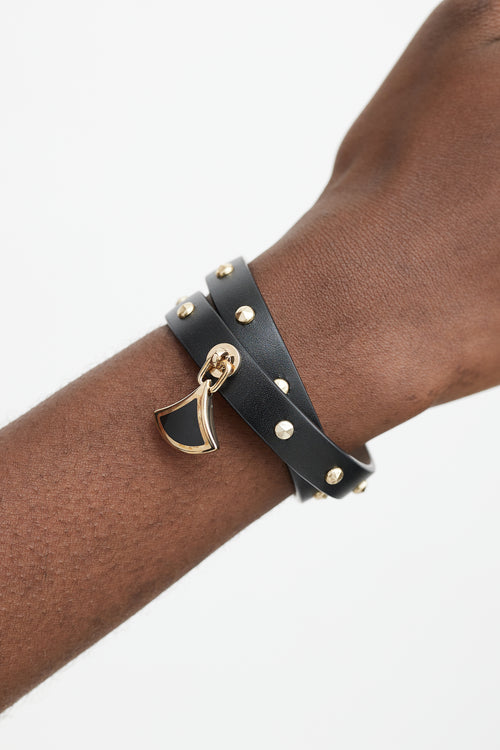 Bulgari Black 
Gold Leather Studded Charm Bracelet