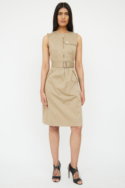 Burberry Beige Ruffle 
Zipper Belted Dress