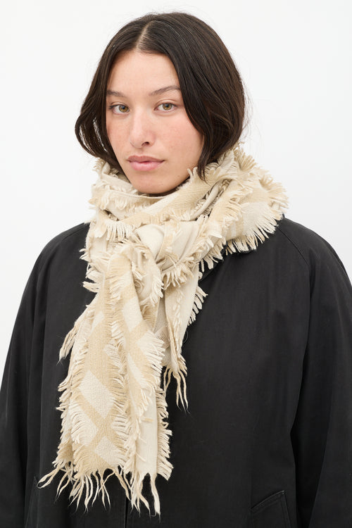 Burberry Beige 
Cream Wool Plaid Fringe Scarf