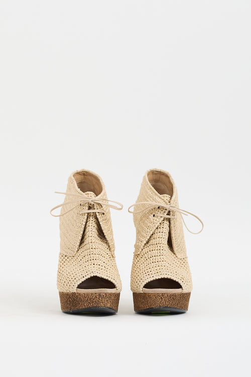 Burberry Beige Raffia Platform Peep Toe Bootie