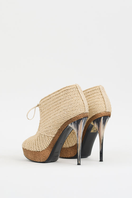 Burberry Beige Raffia Platform Peep Toe Bootie